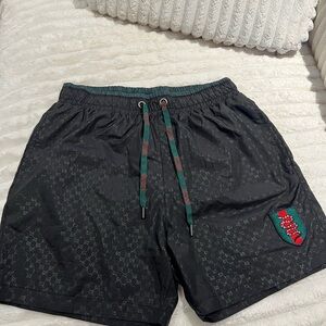 Men Gucci Black Mesh Shorts with Green Waistband